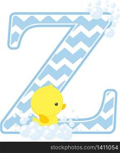 initial z with bubbles and little baby rubber duck isolated on white background. can be used for baby boy birth announcements, nursery decoration, party theme or birthday invitation