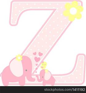 initial z with cute elephant and little baby elephant isolated on white. can be used for mother&rsquo;s day card, baby girl birth announcements, nursery decoration, party theme or birthday invitation