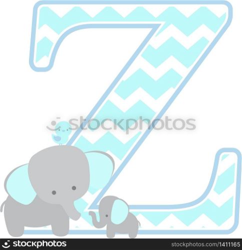 initial z with cute elephant and little baby elephant isolated on white background. can be used for father&rsquo;s day card, baby boy birth announcements, nursery decoration, party theme or birthday invitation