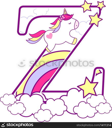 initial z with cute unicorn and rainbow. can be used for baby birth announcements, nursery decoration, party theme or birthday invitation. Design for baby and children
