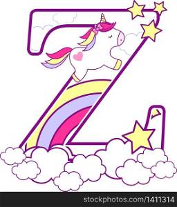 initial z with cute unicorn and rainbow. can be used for baby birth announcements, nursery decoration, party theme or birthday invitation. Design for baby and children