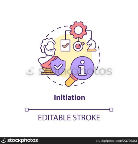 Initiation concept icon. Analysing project issues. Heritage conservation process abstract idea thin line illustration. Isolated outline drawing. Editable stroke. Arial, Myriad Pro-Bold fonts used. Initiation concept icon