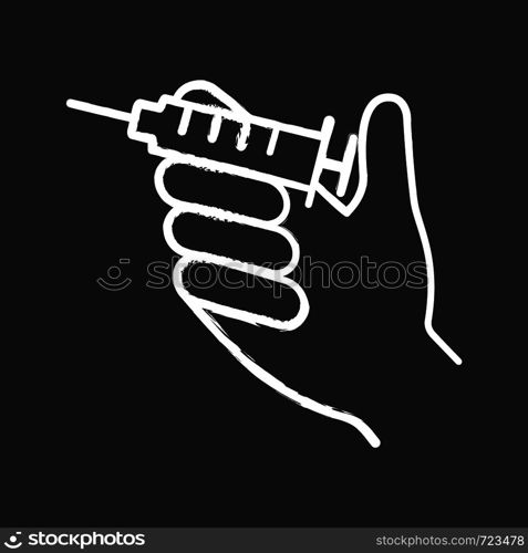 Injection chalk icon. Hand holding syringe. Doctor's hand. Neurotoxin injection. Vaccination. Treatment. Isolated vector chalkboard illustration. Injection chalk icon
