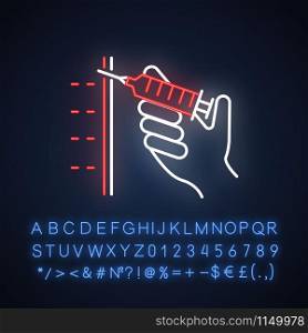 Injection neon light icon. Syringe with vaccine. Immunization. Medical procedure. Disease prevention. Cosmetical filler. Glowing sign with alphabet, numbers and symbols. Vector isolated illustration