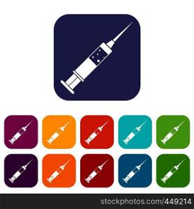 Injection syringe icons set vector illustration in flat style In colors red, blue, green and other. Injection syringe icons set flat