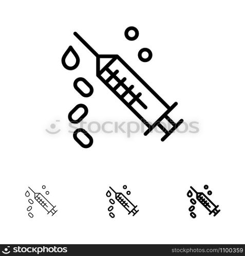 Injection, Syringe, Vaccine, Treatment Bold and thin black line icon set