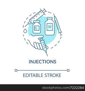 Injections blue concept icon. Arthritis clinic services abstract idea thin line illustration. Osteoarthritis medication. Syringe medicine. Vector isolated outline color drawing. Editable stroke. Injections blue concept icon