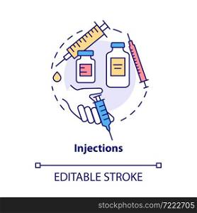 Injections concept icon. Arthritis clinic services abstract idea thin line illustration. Osteoarthritis medication. Syringe medicine. Vector isolated outline color drawing. Editable stroke. Injections concept icon