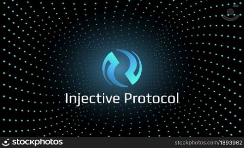 Injective Protocol INJ token symbol cryptocurrency in the center of spiral of glowing dots on dark background. Cryptocurrency logo icon for banner or news. Vector illustration.