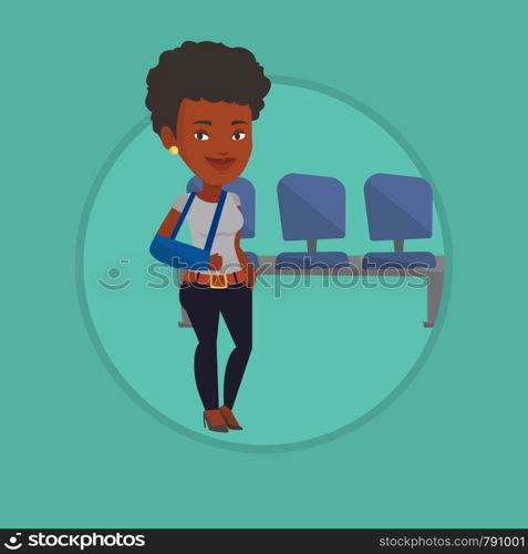 Injured african-american woman wearing arm brace. Woman standing with broken right arm. Cheerful woman with broken arm in a cast. Vector flat design illustration in the circle isolated on background.. Injured woman with broken arm vector illustration.