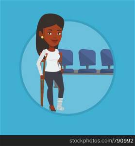 Injured african-american woman with leg in plaster. Young woman with broken leg using crutches. Smiling woman with fractured leg. Vector flat design illustration in the circle isolated on background.. Woman with broken leg and crutches.