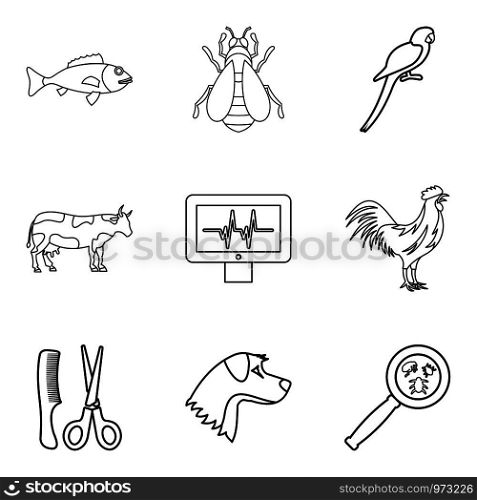 Injured animal icons set. Outline set of 9 injured animal vector icons for web isolated on white background. Injured animal icons set, outline style