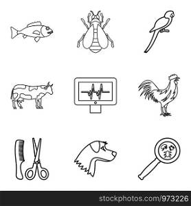Injured animal icons set. Outline set of 9 injured animal vector icons for web isolated on white background. Injured animal icons set, outline style