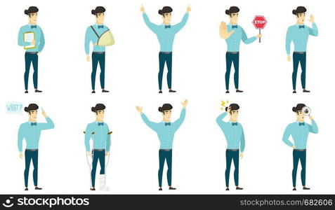 Injured asian businessman with broken leg on crutches. Businessman with broken leg in bandages. Full length of man with broken leg. Set of vector flat design illustrations isolated on white background. Vector set of illustrations with business people.