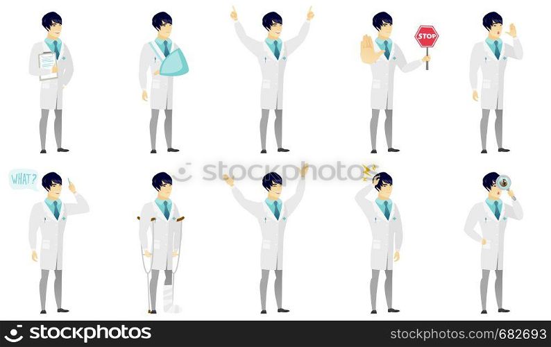 Injured asian doctor wearing an arm brace. Doctor with broken arm in sling. Full length of doctor in medical gown with broken arm. Set of vector flat design illustrations isolated on white background.. Vector set of illustrations with doctor characters