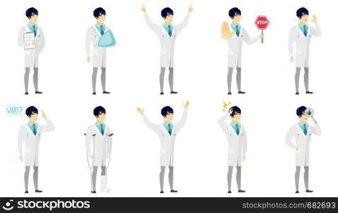 Injured asian doctor wearing an arm brace. Doctor with broken arm in sling. Full length of doctor in medical gown with broken arm. Set of vector flat design illustrations isolated on white background.. Vector set of illustrations with doctor characters