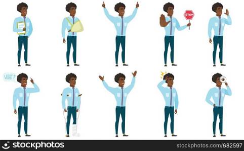 Injured businessman with broken leg on crutches. Businessman with broken leg in bandages. Full length of man with broken leg. Set of vector flat design illustrations isolated on white background.. Vector set of illustrations with business people.