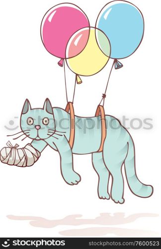 Injured Cat with the Damaged Paw. The injured cat with the damaged paw in a bandage is flying with air balloons.Editable vector EPS v9.0.
