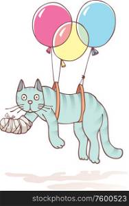 Injured Cat with the Damaged Paw. The injured cat with the damaged paw in a bandage is flying with air balloons.Editable vector EPS v9.0.
