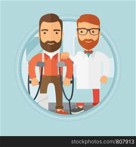Injured caucasian hipster man with beard standing on crutches on hospital background. Man with broken leg on reception at doctor. Vector flat design illustration in the circle isolated on background.. Man with broken leg on reception at doctor.