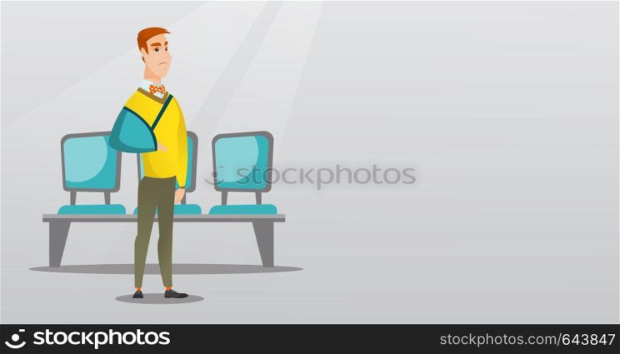 Injured caucasian man wearing an arm brace. Full length of young smiling man with broken right arm. Cheerful man with broken arm in a cast. Vector flat design illustration. Horizontal layout.. Injured man with broken arm vector illustration.