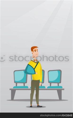 Injured caucasian man wearing an arm brace. Full length of young smiling man with broken right arm. Cheerful man with broken arm in a cast. Vector flat design illustration. Vertical layout.. Injured man with broken arm vector illustration.