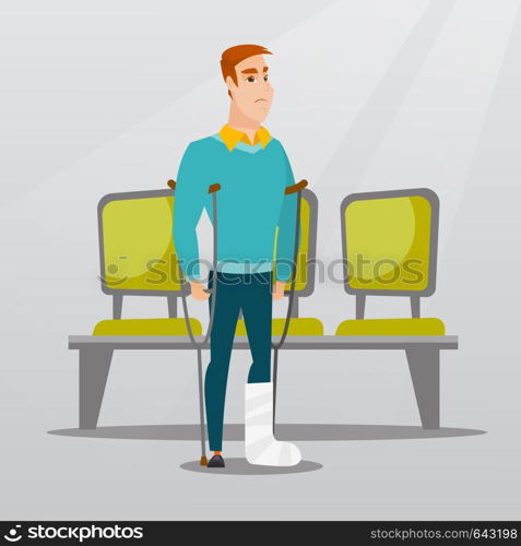 Injured caucasian man with leg in plaster. Man with broken leg using crutches. Young man with fractured leg standing in the hospital corridor. Vector flat design illustration. Square layout.. Man with broken leg and crutches.