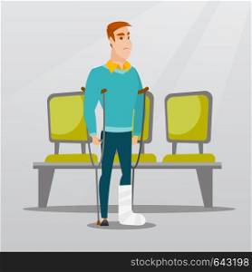 Injured caucasian man with leg in plaster. Man with broken leg using crutches. Young man with fractured leg standing in the hospital corridor. Vector flat design illustration. Square layout.. Man with broken leg and crutches.