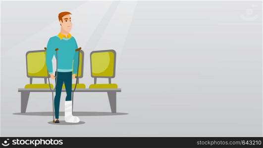 Injured caucasian man with leg in plaster. Man with broken leg using crutches. Young man with fractured leg standing in the hospital corridor. Vector flat design illustration. Horizontal layout.. Man with broken leg and crutches.