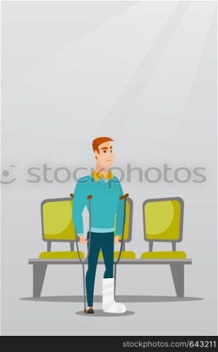 Injured caucasian man with leg in plaster. Man with broken leg using crutches. Young man with fractured leg standing in the hospital corridor. Vector flat design illustration. Vertical layout.. Man with broken leg and crutches.
