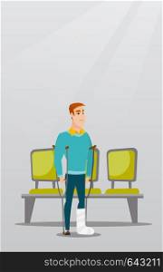 Injured caucasian man with leg in plaster. Man with broken leg using crutches. Young man with fractured leg standing in the hospital corridor. Vector flat design illustration. Vertical layout.. Man with broken leg and crutches.