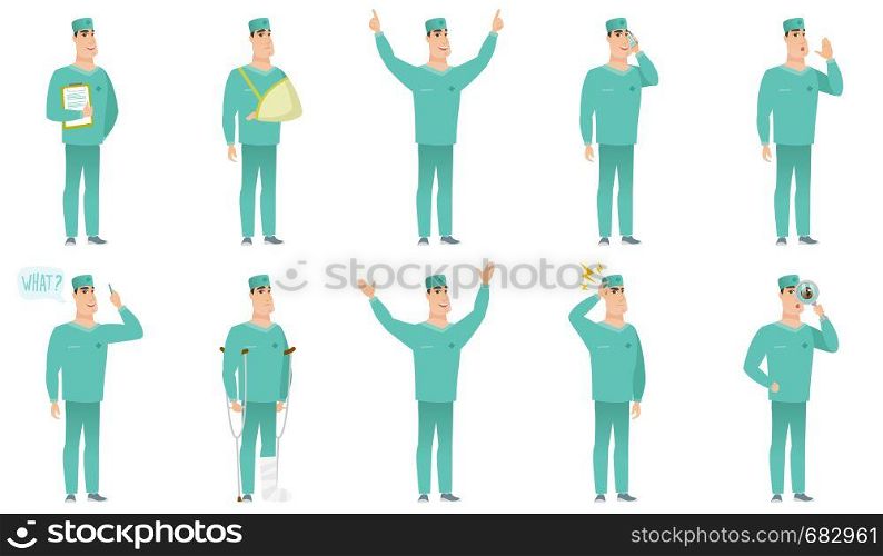 Injured caucasian surgeon with broken leg on crutches. Surgeon with broken leg in bandages. Full length of surgeon with broken leg. Set of vector flat design illustrations isolated on white background. Vector set of surgeon characters.