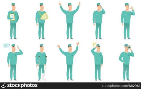 Injured caucasian surgeon with broken leg on crutches. Surgeon with broken leg in bandages. Full length of surgeon with broken leg. Set of vector flat design illustrations isolated on white background. Vector set of surgeon characters.