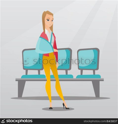 Injured caucasian woman wearing an arm brace. Full length of young smiling woman with broken right arm. Cheerful woman with broken arm in a cast. Vector flat design illustration. Square layout.. Injured man with broken arm vector illustration.
