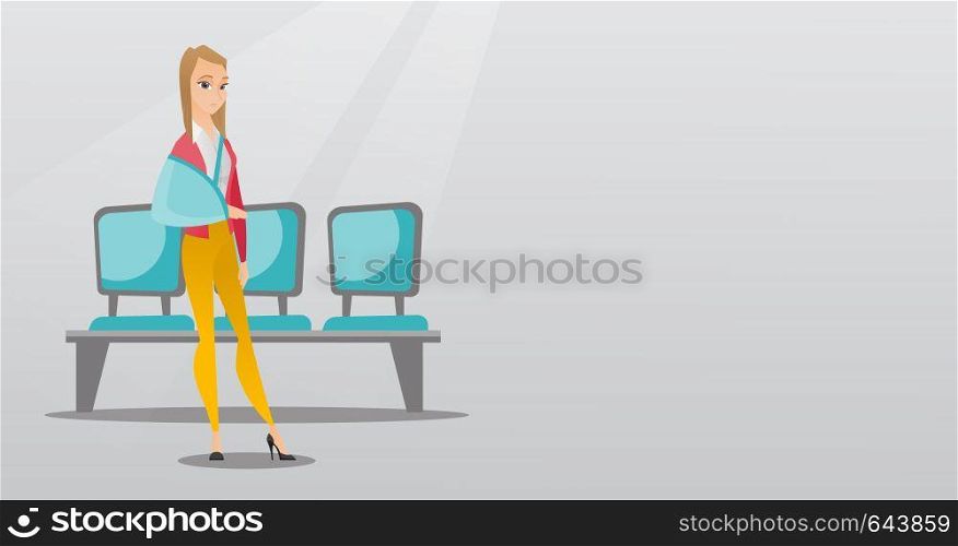 Injured caucasian woman wearing an arm brace. Full length of young smiling woman with broken right arm. Cheerful woman with broken arm in a cast. Vector flat design illustration. Horizontal layout.. Injured man with broken arm vector illustration.