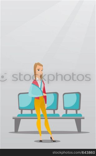 Injured caucasian woman wearing an arm brace. Full length of young smiling woman with broken right arm. Cheerful woman with broken arm in a cast. Vector flat design illustration. Vertical layout.. Injured man with broken arm vector illustration.