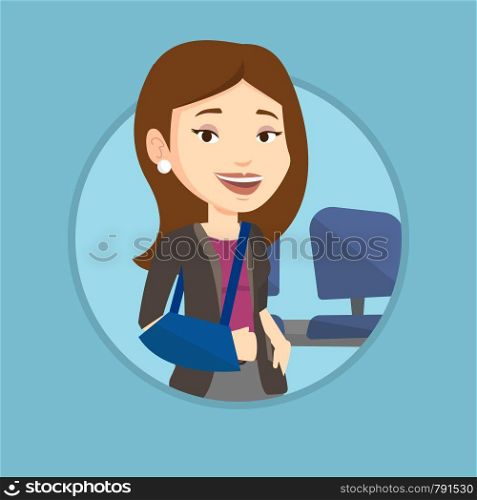 Injured caucasian woman wearing an arm brace. Woman standing with her broken right arm. Cheerful woman with broken arm in a cast. Vector flat design illustration in the circle isolated on background.. Injured woman with broken arm vector illustration.