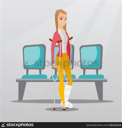 Injured caucasian woman with leg in plaster. Woman with broken leg using crutches. Young woman with fractured leg standing in the hospital corridor. Vector flat design illustration. Square layout.. Woman with broken leg and crutches.