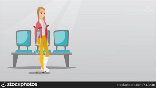Injured caucasian woman with leg in plaster. Woman with broken leg using crutches. Young woman with fractured leg standing in the hospital corridor. Vector flat design illustration. Horizontal layout.. Woman with broken leg and crutches.