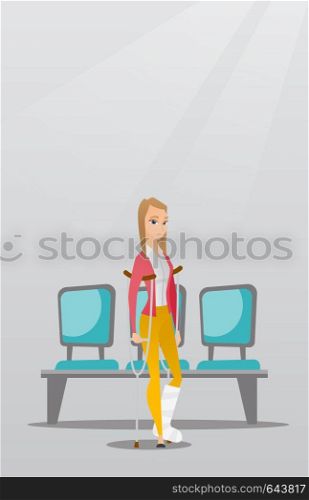 Injured caucasian woman with leg in plaster. Woman with broken leg using crutches. Young woman with fractured leg standing in the hospital corridor. Vector flat design illustration. Vertical layout.. Woman with broken leg and crutches.