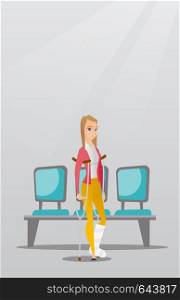 Injured caucasian woman with leg in plaster. Woman with broken leg using crutches. Young woman with fractured leg standing in the hospital corridor. Vector flat design illustration. Vertical layout.. Woman with broken leg and crutches.