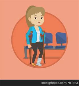 Injured caucasian woman with leg in plaster. Young woman with broken leg using crutches. Smiling woman with fractured leg. Vector flat design illustration in the circle isolated on background.. Woman with broken leg and crutches.