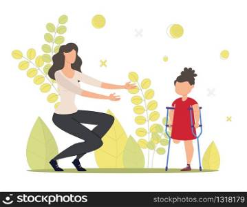 Injured Child, Kid with Disability Rehabilitation, Family Support Trendy Flat Vector Concept. Little Girl with Leg Amputation Walking with Crutches, Woman Wants to Hug Disabled Daughter Illustration