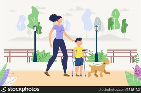 Injured Children Physical, Psychological Rehabilitation, Recreation Trendy Flat Vector Concept. Disabled Boy Resting in Park with Mother and Dog, Learning to Walk on Crutches After Trauma Illustration