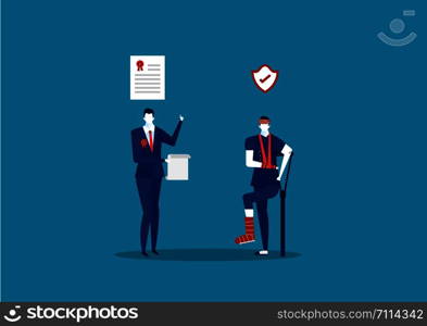 Injured employee with crutches and business offer insurance for claim document. vector illustration on medical insurance for work injury concept.