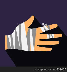 Injured hand wrapped in bandage icon in flat style on a violet background. Injured hand wrapped in bandage icon, flat style