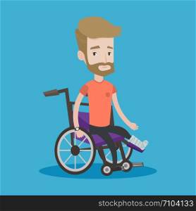 Injured man with leg in plaster. Hipster man with the beard sitting in wheelchair with broken leg. Man with fractured leg. Vector flat design illustration isolated on blue background. Square layout.. Man with broken leg sitting in wheelchair.