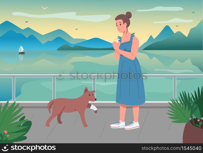 Injured pet with owner flat color vector illustration. Puppy with bandaged leg. Worried girl with domestic animal on seascape. Woman with dog 2D cartoon characters with landscape on background. Injured pet with owner flat color vector illustration