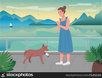 Injured pet with owner flat color vector illustration. Puppy with bandaged leg. Worried girl with domestic animal on seascape. Woman with dog 2D cartoon characters with landscape on background. Injured pet with owner flat color vector illustration