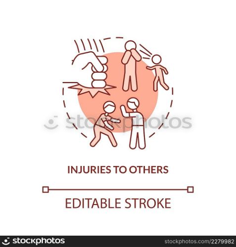 Injuries to others red concept icon. Violent behavior. Effects of conduct disorder abstract idea thin line illustration. Isolated outline drawing. Editable stroke. Arial, Myriad Pro-Bold fonts used. Injuries to others red concept icon